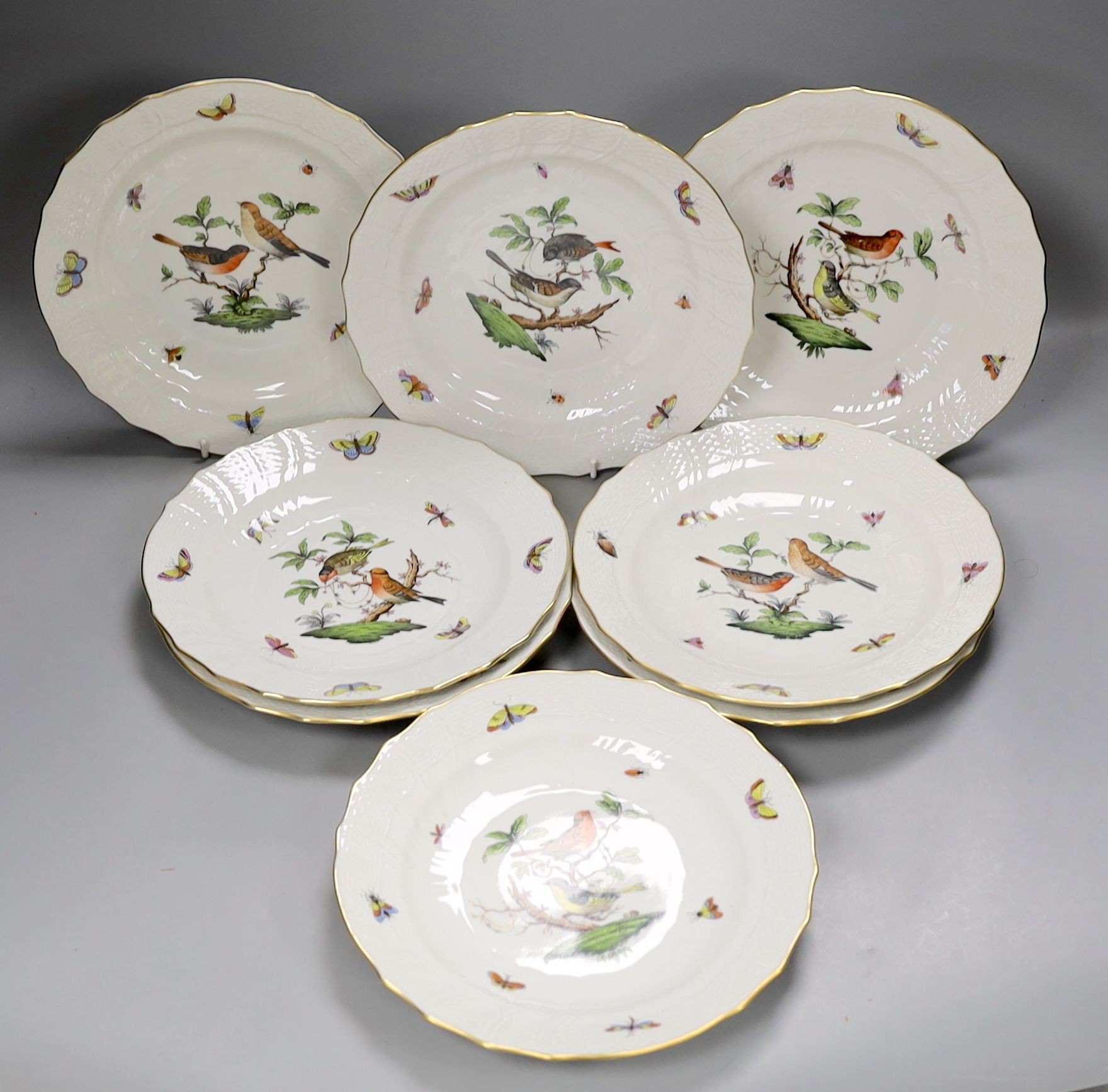 Eight Herend Rothschild bird hand painted dessert plates, 23 cms diameter.
